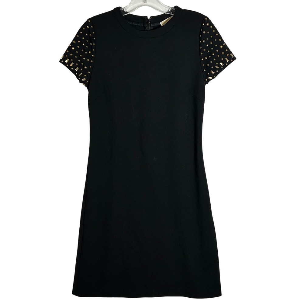 Michael Michael Kors Womens Black Studded Sleeve Sheath Dress XS Gold Studs Mini